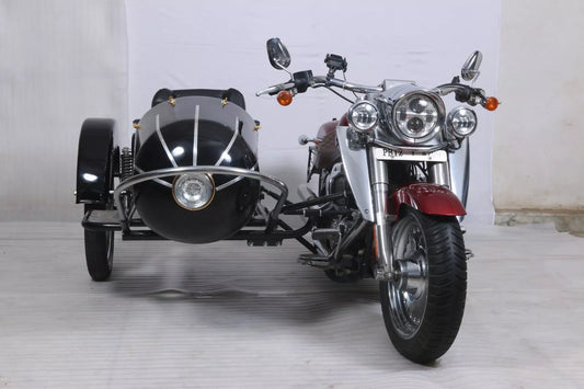 Rocket Model motorcycle sidecar in black with chrome trim - fits Harley Davidson, Honda, Indian, BMW, Triumph, Royal Enfield