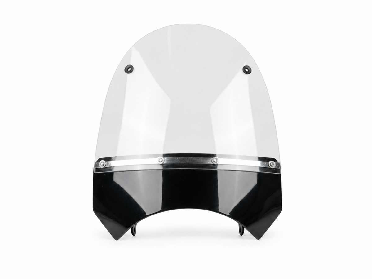 Front view of a clear RCT motorcycle sidecar windshield with black lower fairing and mounting hardware.