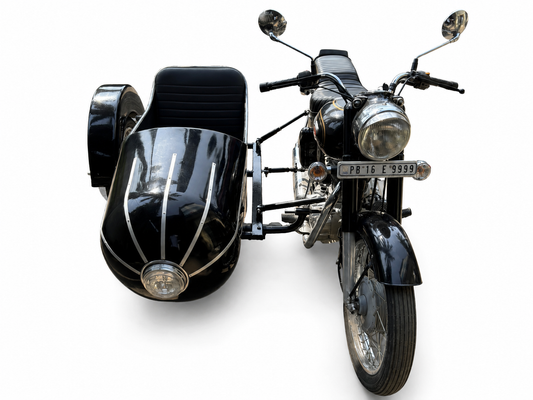 Straight front view of a black Royal Enfield motorcycle with Razok passenger sidecar and black upholstery
