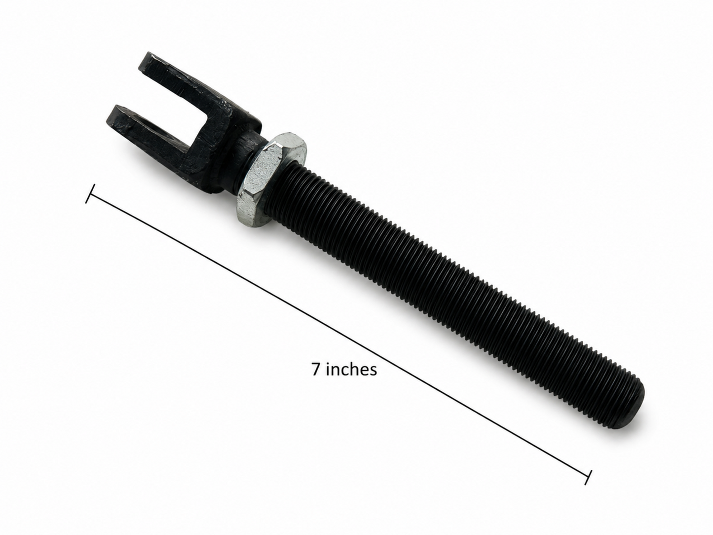 Black motorcycle sidecar Short Strut threaded bolt section with clevis end and verified 7-inch length.
