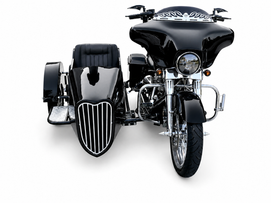 Front view of a black touring motorcycle with matching black VOX passenger sidecar and black upholstery