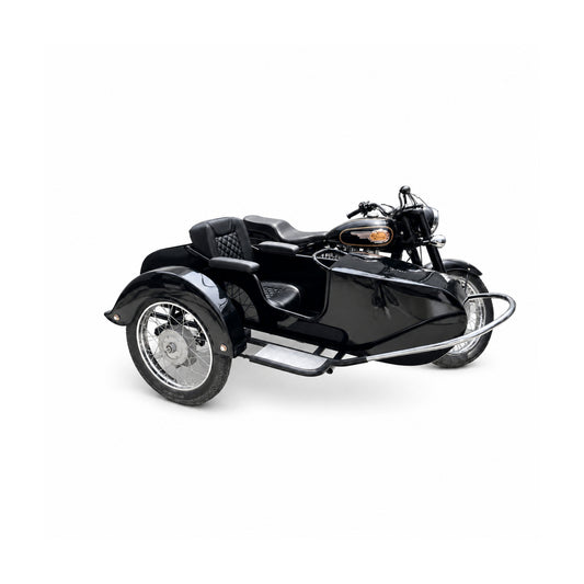 Black motorcycle with Beemer passenger sidecar, all-black quilted seat, unwrapped black armrests, chrome rails, and spoked wheels.