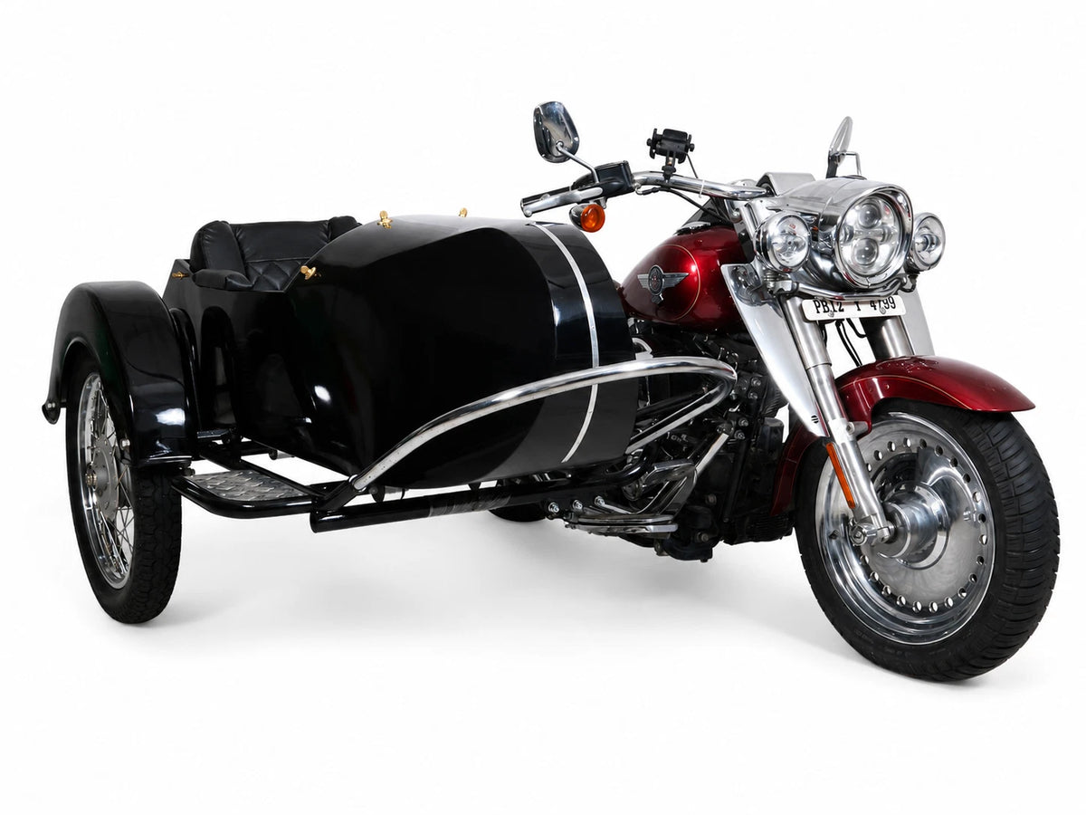 Chrome front bumper shown installed on a red and white motorcycle sidecar for illustration
