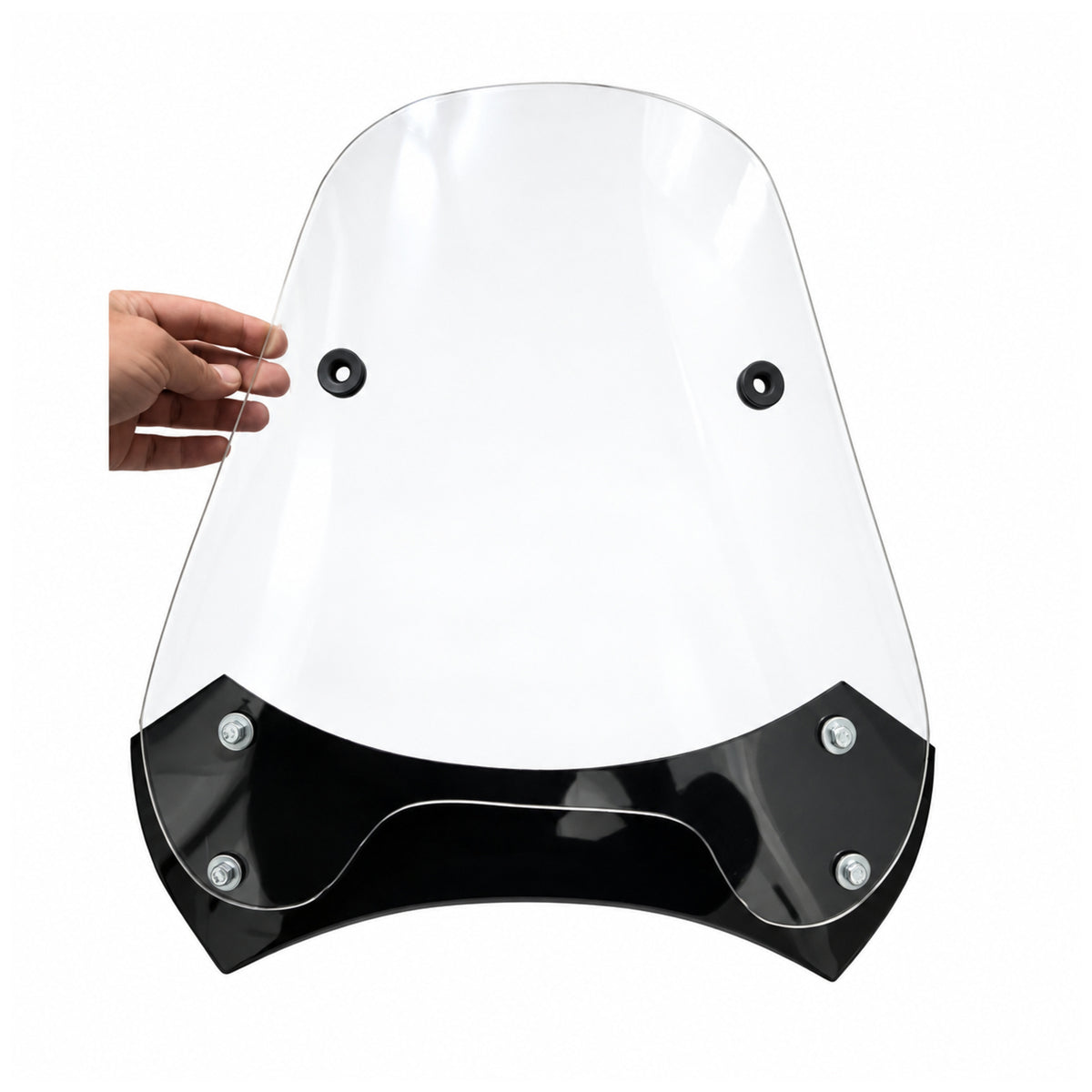 Clear Retro model motorcycle sidecar windshield held by hand against a white background