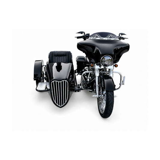Front view of a black touring motorcycle with matching black VOX passenger sidecar and black upholstery