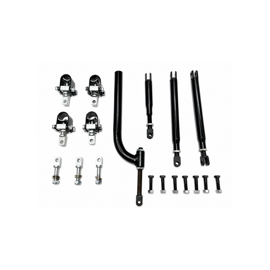 Motorcycle sidecar installation hardware including adjustable mounting bars, U-clamps, brackets, bolts, and fasteners.