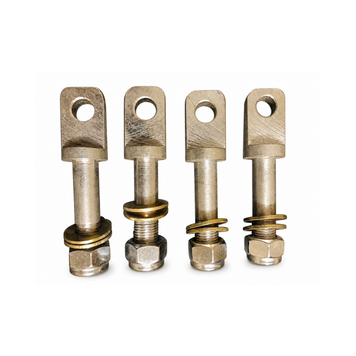 Set of four motorcycle sidecar mounting eye bolts with washers and nuts.