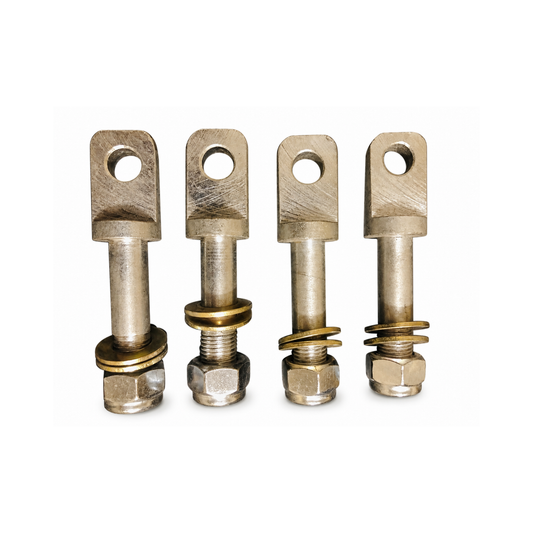 Set of four motorcycle sidecar mounting eye bolts with washers and nuts.