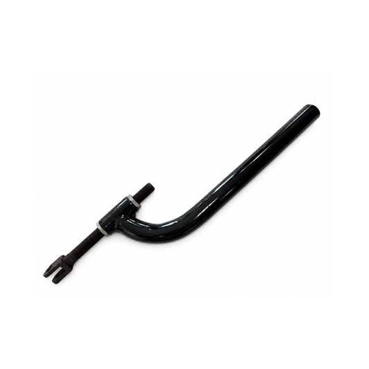 Black motorcycle sidecar J Bar mounting bracket with adjustable threaded clevis end and installation hardware.
