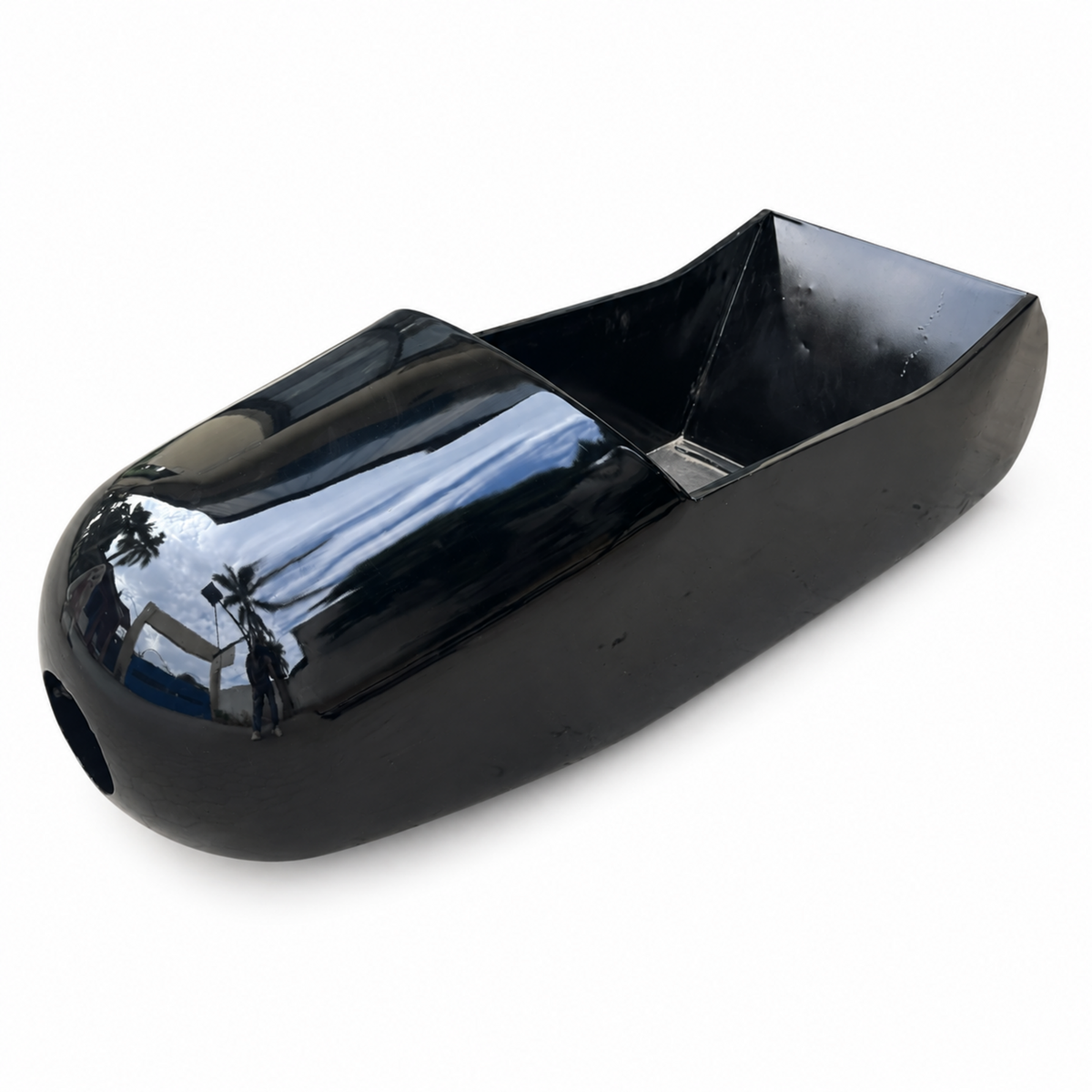 Rocket model black steel motorcycle sidecar body only, three-quarter front view