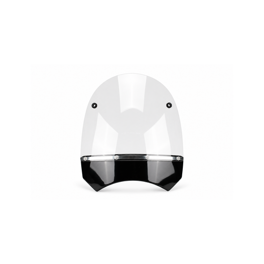 Front view of a clear RCT motorcycle sidecar windshield with black lower fairing and mounting hardware.