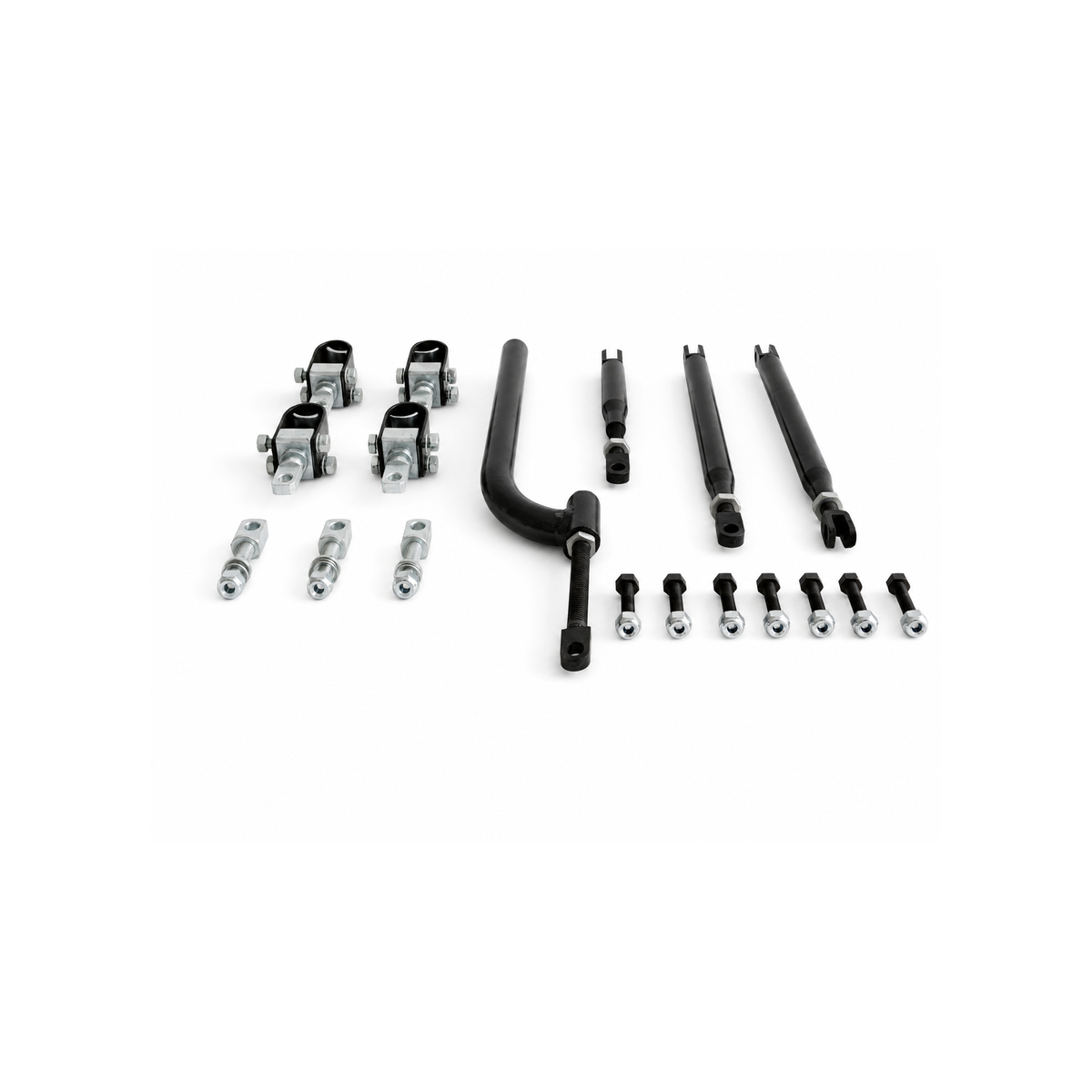 Heavy-duty motorcycle sidecar mounting parts with adjustable struts, frame clamps, pivot bolts, and connection hardware.