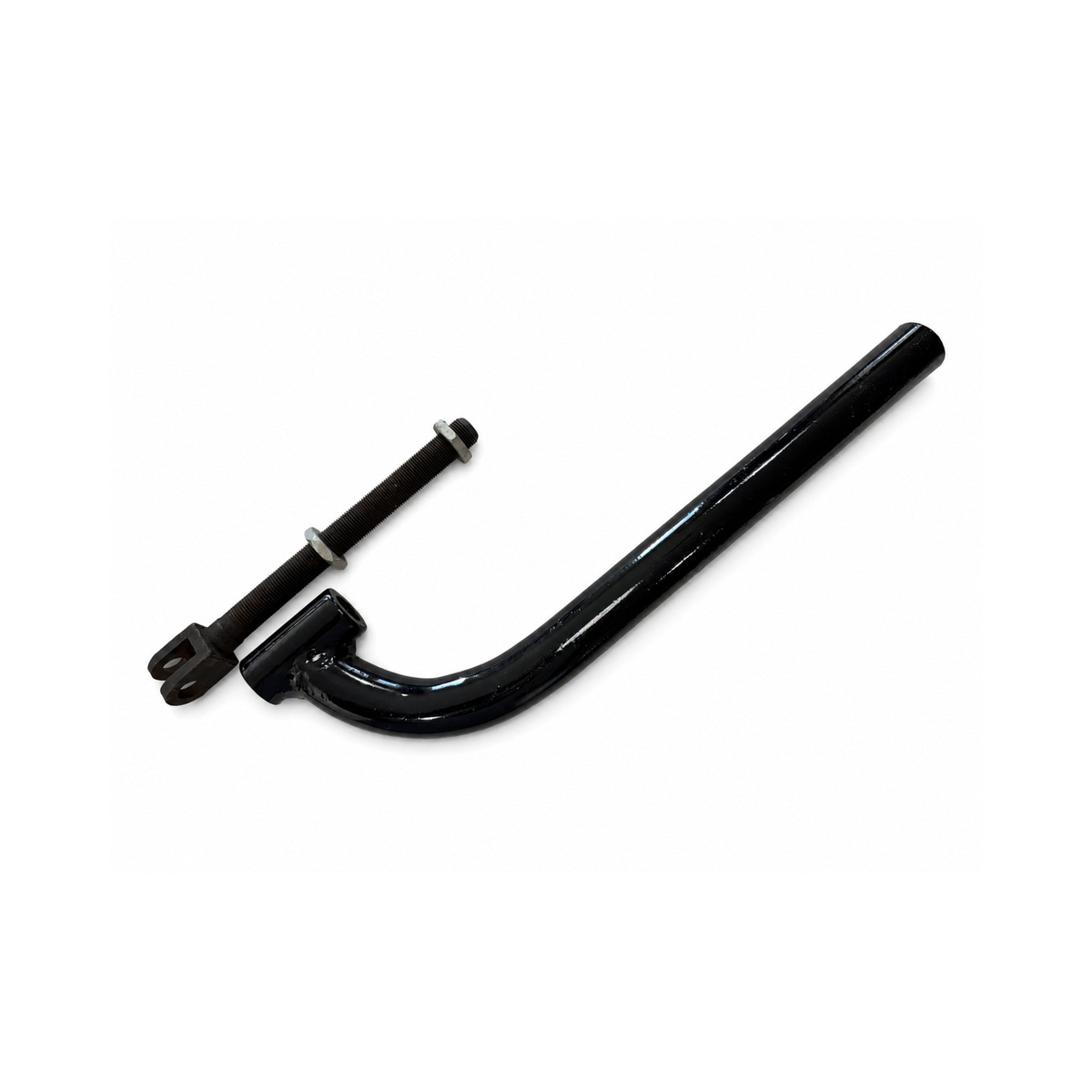 Black motorcycle sidecar J Bar mounting bracket with adjustable threaded clevis bolt and two locknuts.