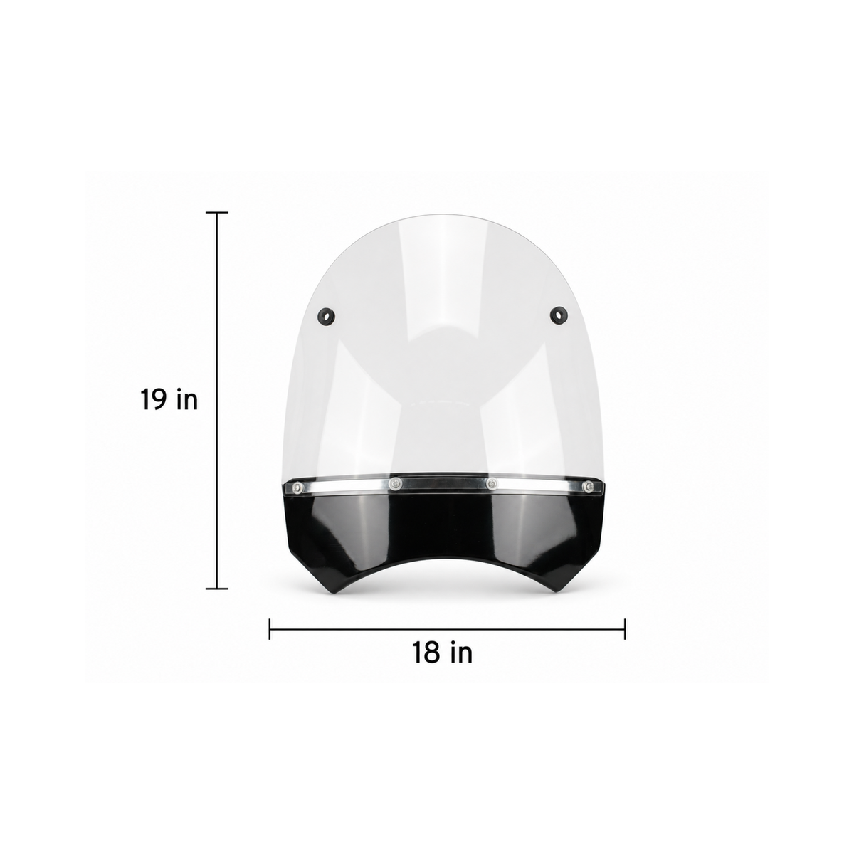 Front view of an RCT motorcycle sidecar windshield measuring 19 inches tall and 18 inches wide.