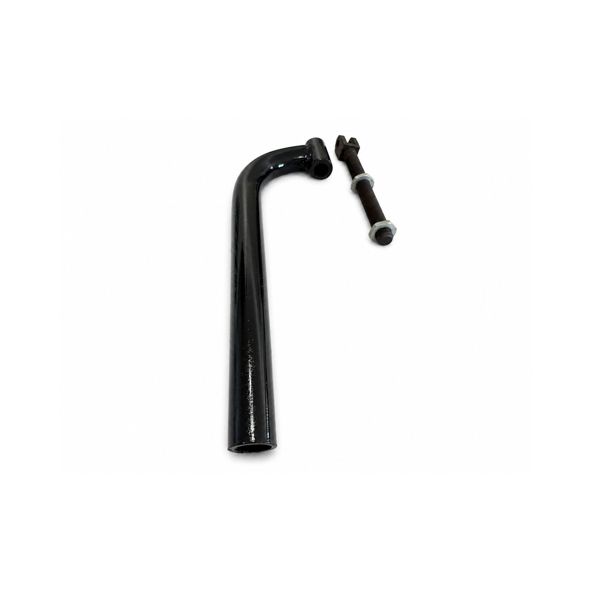 Black motorcycle sidecar J Bar mounting bracket with separate adjustable threaded clevis bolt and two nuts.