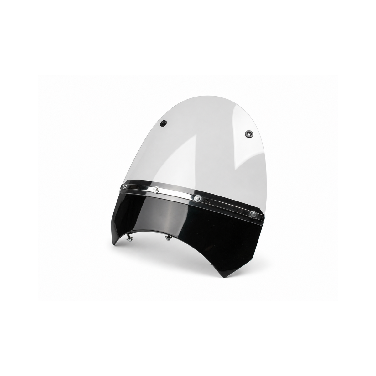 Angled top view of an RCT motorcycle sidecar windshield with a clear screen, black lower fairing, and mounting hardware.
