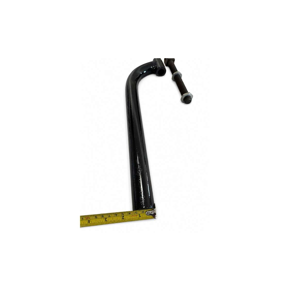 Black motorcycle sidecar J Bar with threaded mounting hardware and original tape-measure end-width measurement.