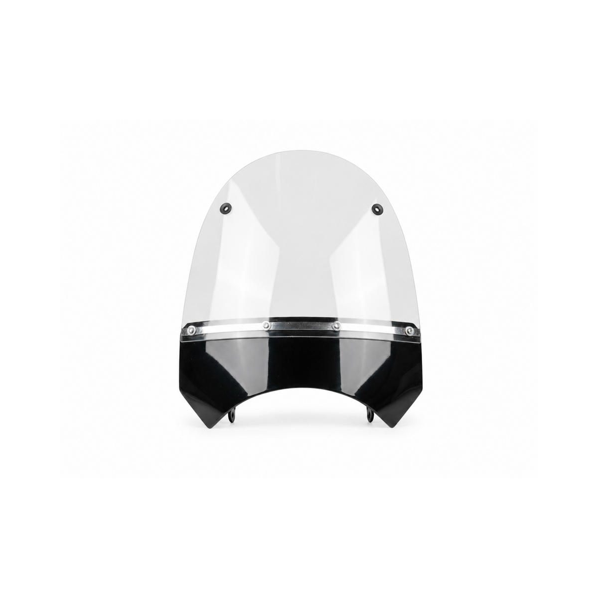 Front view of a clear RCT motorcycle sidecar windshield with black lower fairing and mounting hardware.