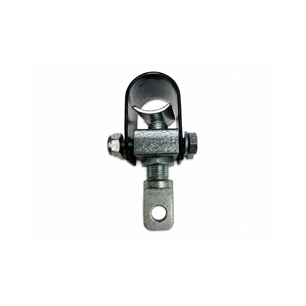 Front view of motorcycle sidecar U-clamp frame mounting bracket with bolts and adjustable hardware