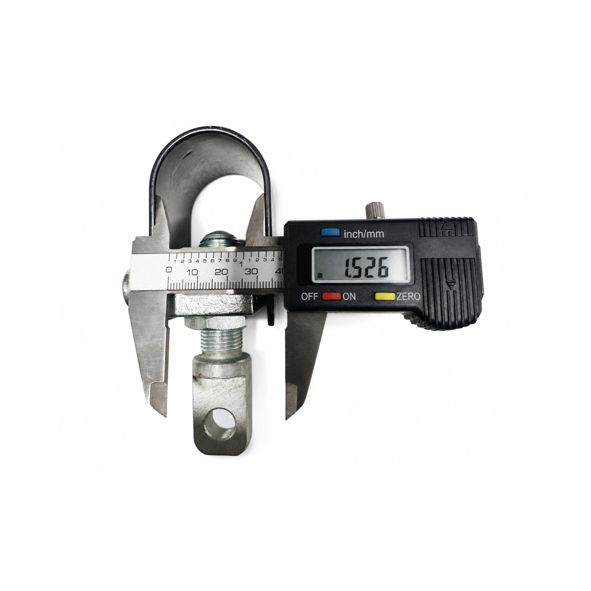 Motorcycle sidecar U-clamp shown with digital caliper displaying a 1.526-inch measurement