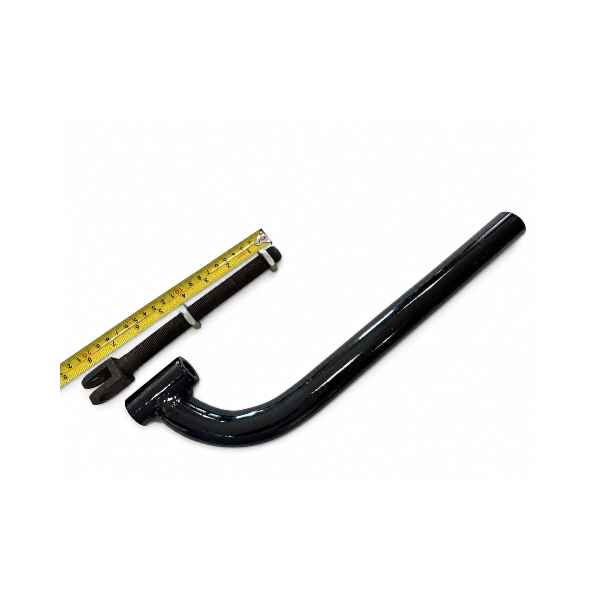 Black motorcycle sidecar J Bar with adjustable threaded clevis mount and original tape-measure dimensions.