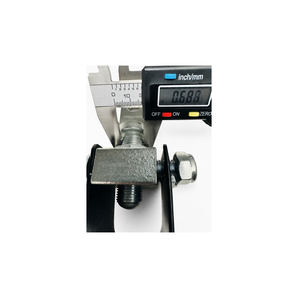 Motorcycle sidecar U-clamp shown with digital caliper measuring a 0.680-inch opening