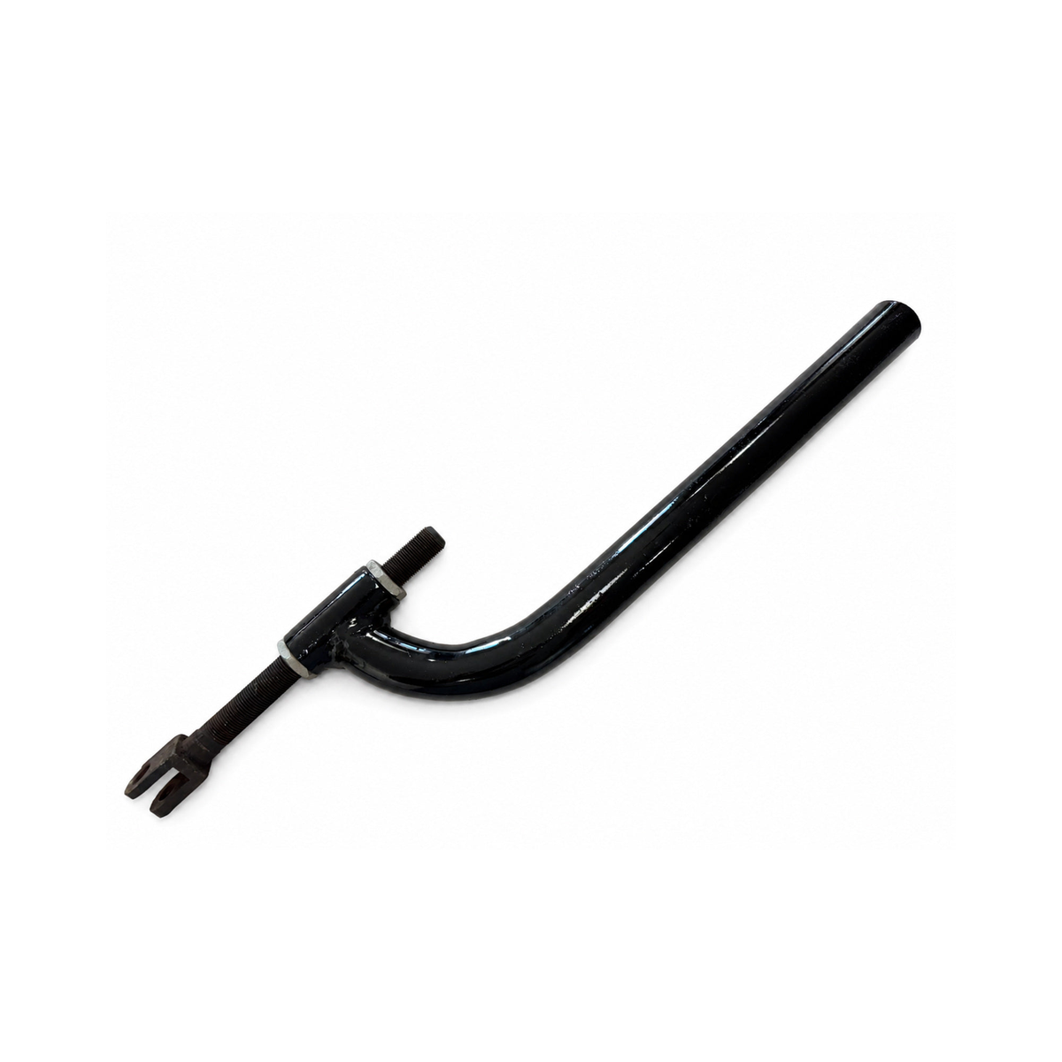 Black motorcycle sidecar J Bar mounting bracket with adjustable threaded clevis bolt and two locknuts.