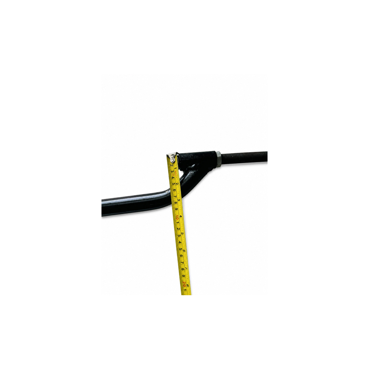 Black motorcycle sidecar J Bar mounting bracket with threaded adjustment rod and original tape-measure height measurement.