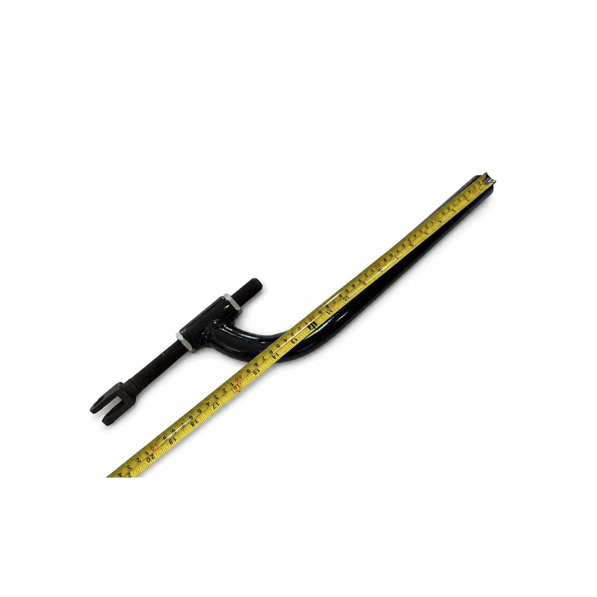 Black motorcycle sidecar J Bar with adjustable threaded clevis mount and original tape-measure dimensions.