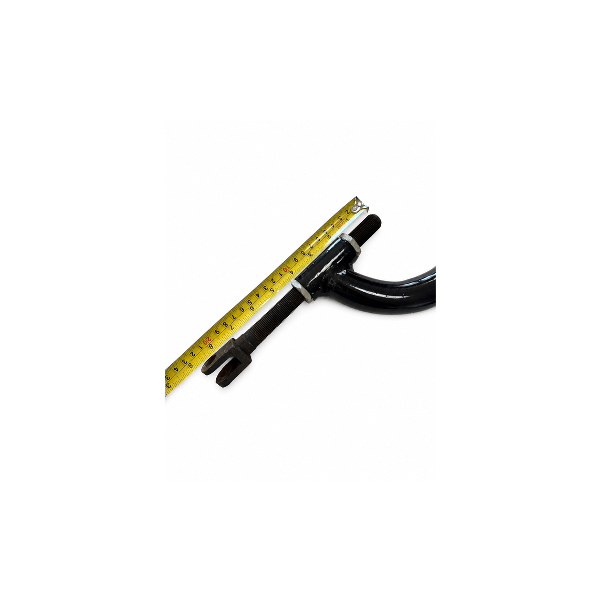 Close-up of a black motorcycle sidecar J Bar threaded mounting end shown with the original tape-measure dimensions.