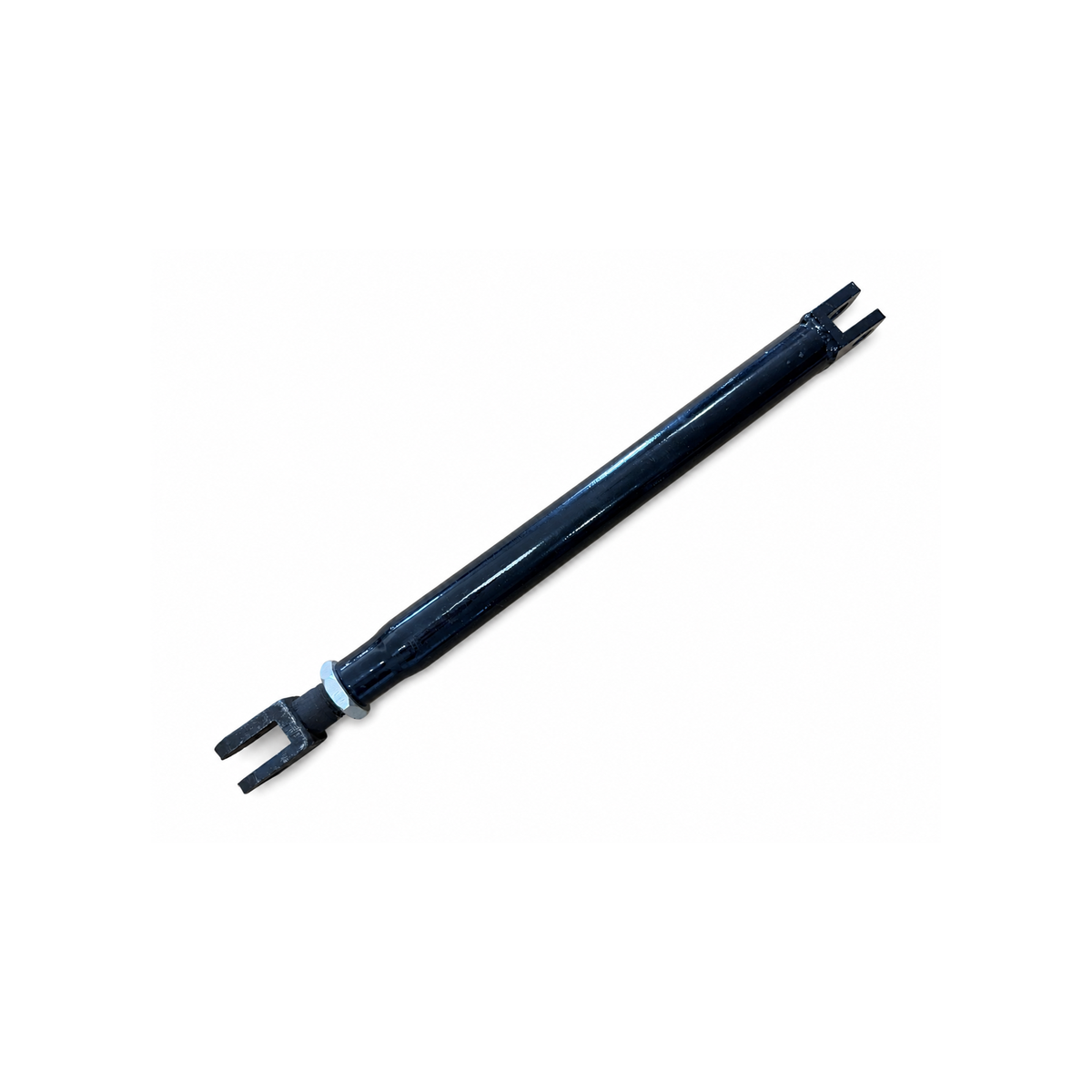 Black adjustable motorcycle sidecar long strut with clevis connections on a white background.