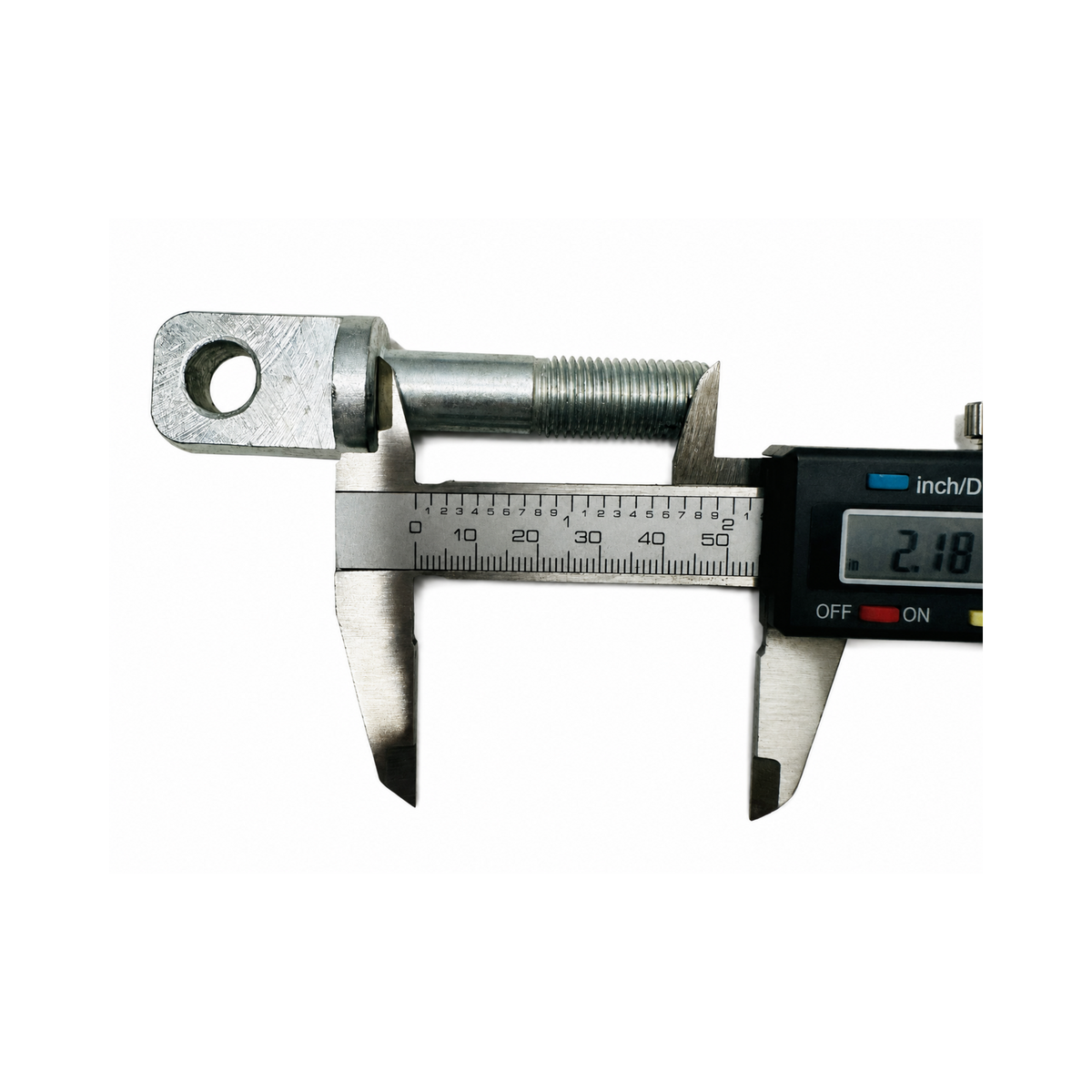 Motorcycle sidecar eye bolt shown with a digital caliper reading 2.18 inches across the head.
