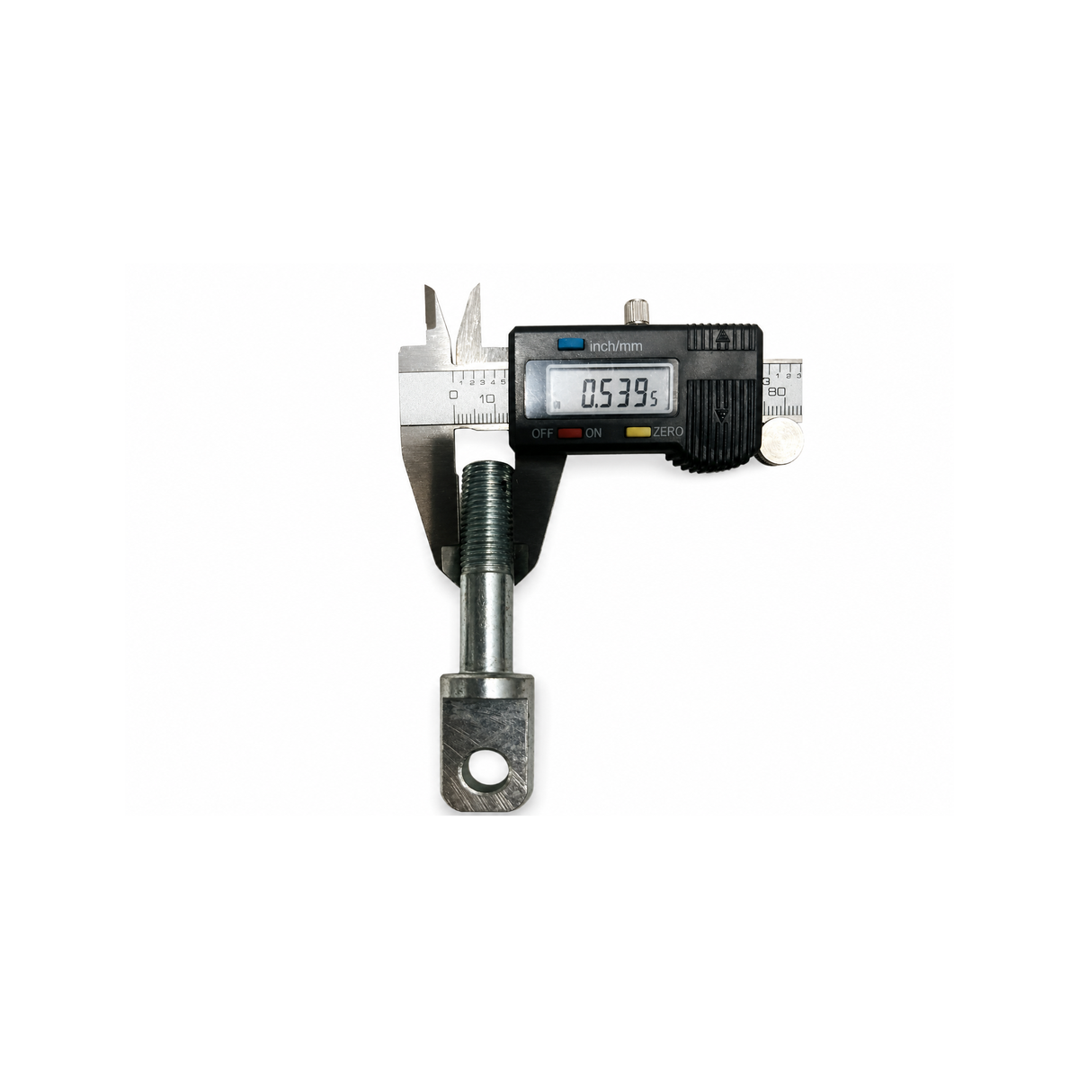 Motorcycle sidecar eye bolt shown with a digital caliper reading 0.5395 inch.