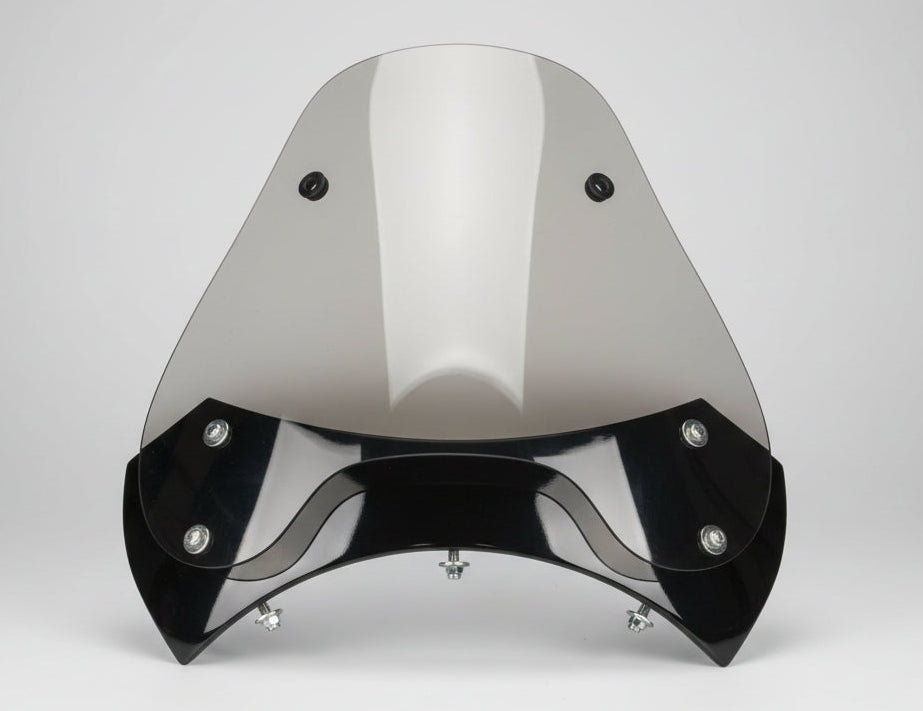 Close-up of Retro sidecar windshield mounting hardware and frame fit