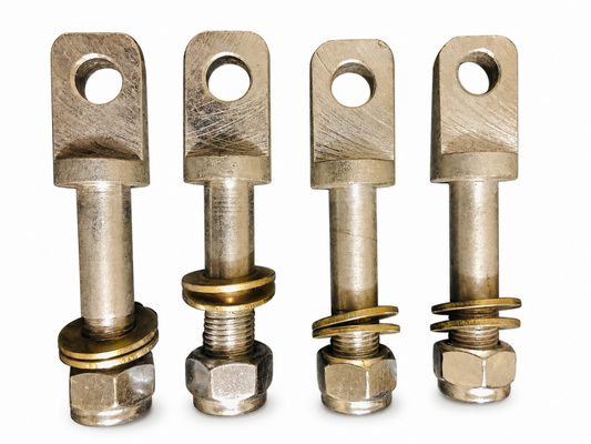 Set of four motorcycle sidecar mounting eye bolts with washers and nuts.