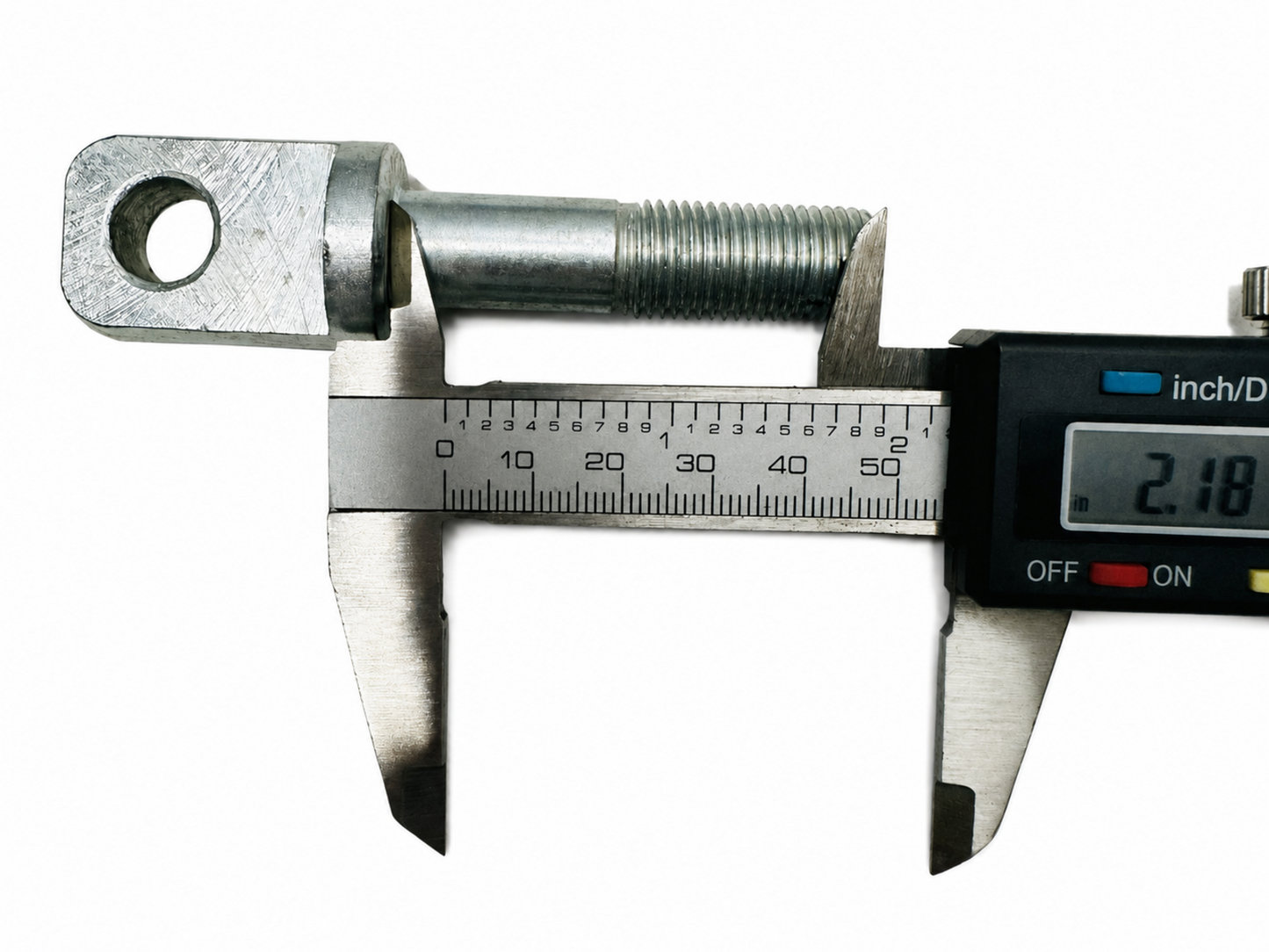 Motorcycle sidecar eye bolt shown with a digital caliper reading 2.18 inches across the head.