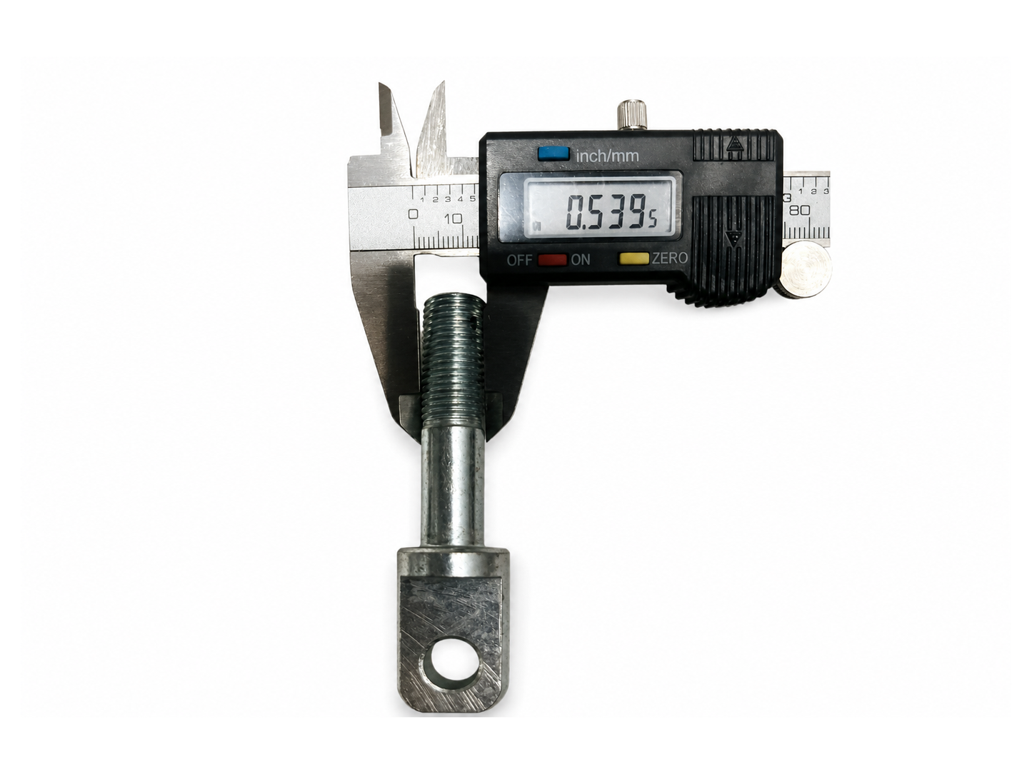 Motorcycle sidecar eye bolt shown with a digital caliper reading 0.5395 inch.