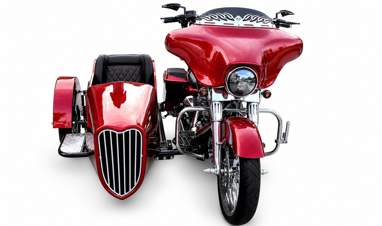 A red custom motorcycle with a matching sidecar, photographed from the front three-quarter angle against a solid white background.