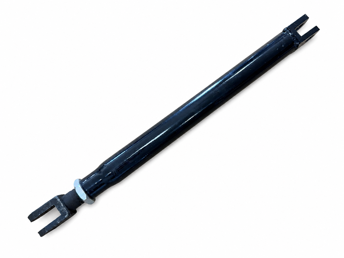Black adjustable motorcycle sidecar long strut with clevis connections on a white background.