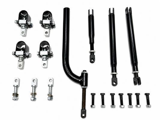 Motorcycle sidecar installation hardware including adjustable mounting bars, U-clamps, brackets, bolts, and fasteners.