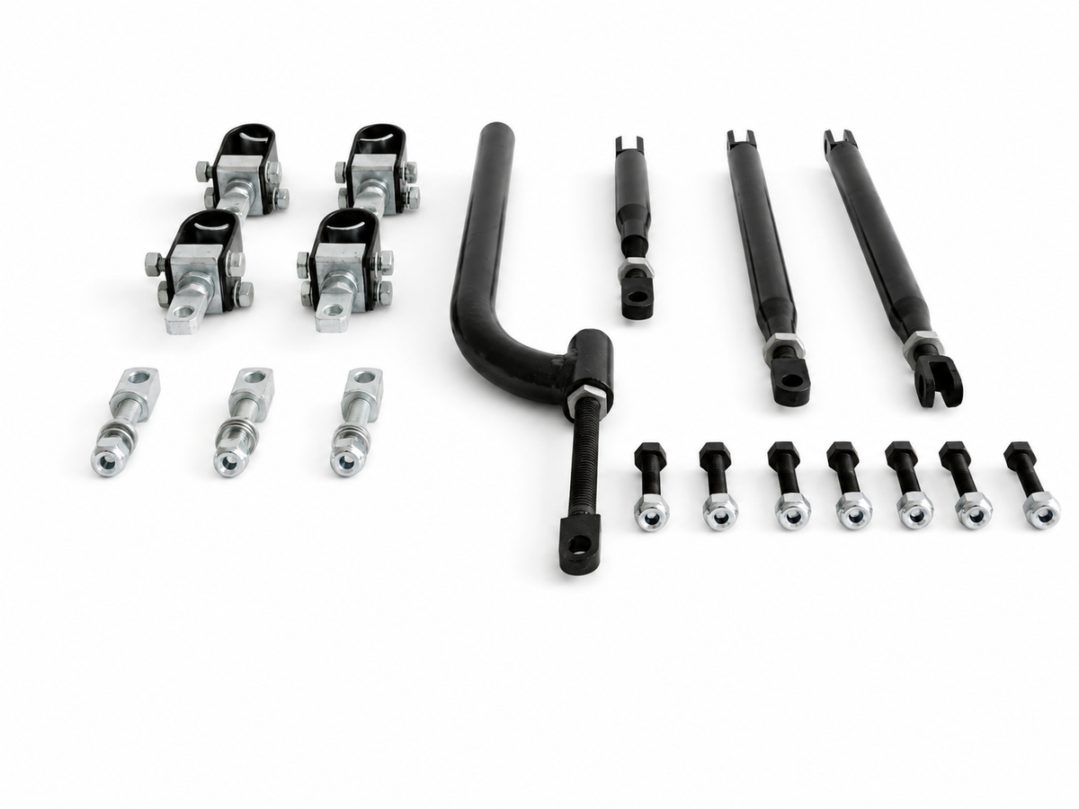 universal motorcycle sidecar mounting kit with clamps, support bars, J-bar, eye bolts, and connecting hardware for classic sidecars
