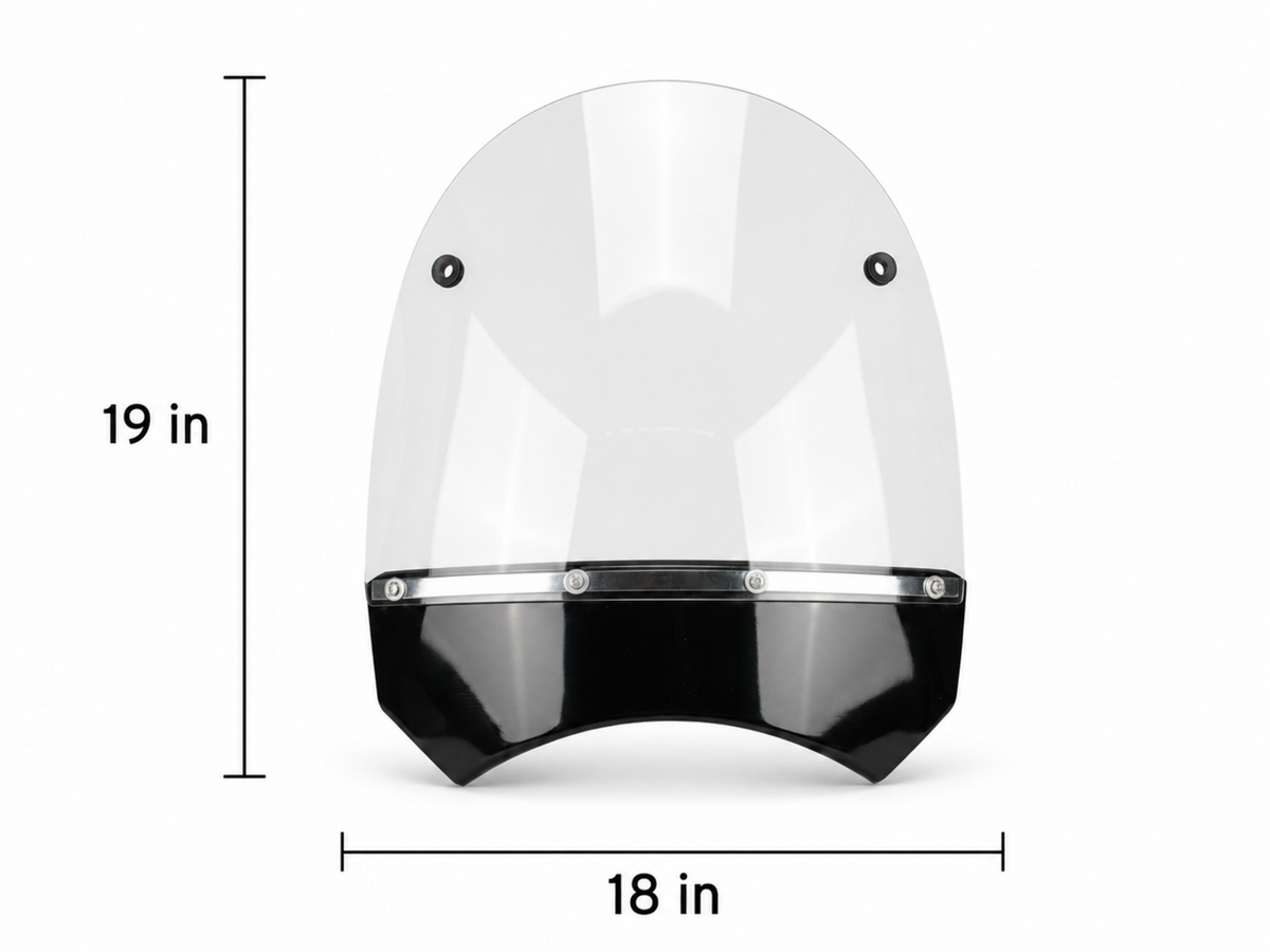 Front view of an RCT motorcycle sidecar windshield measuring 19 inches tall and 18 inches wide.