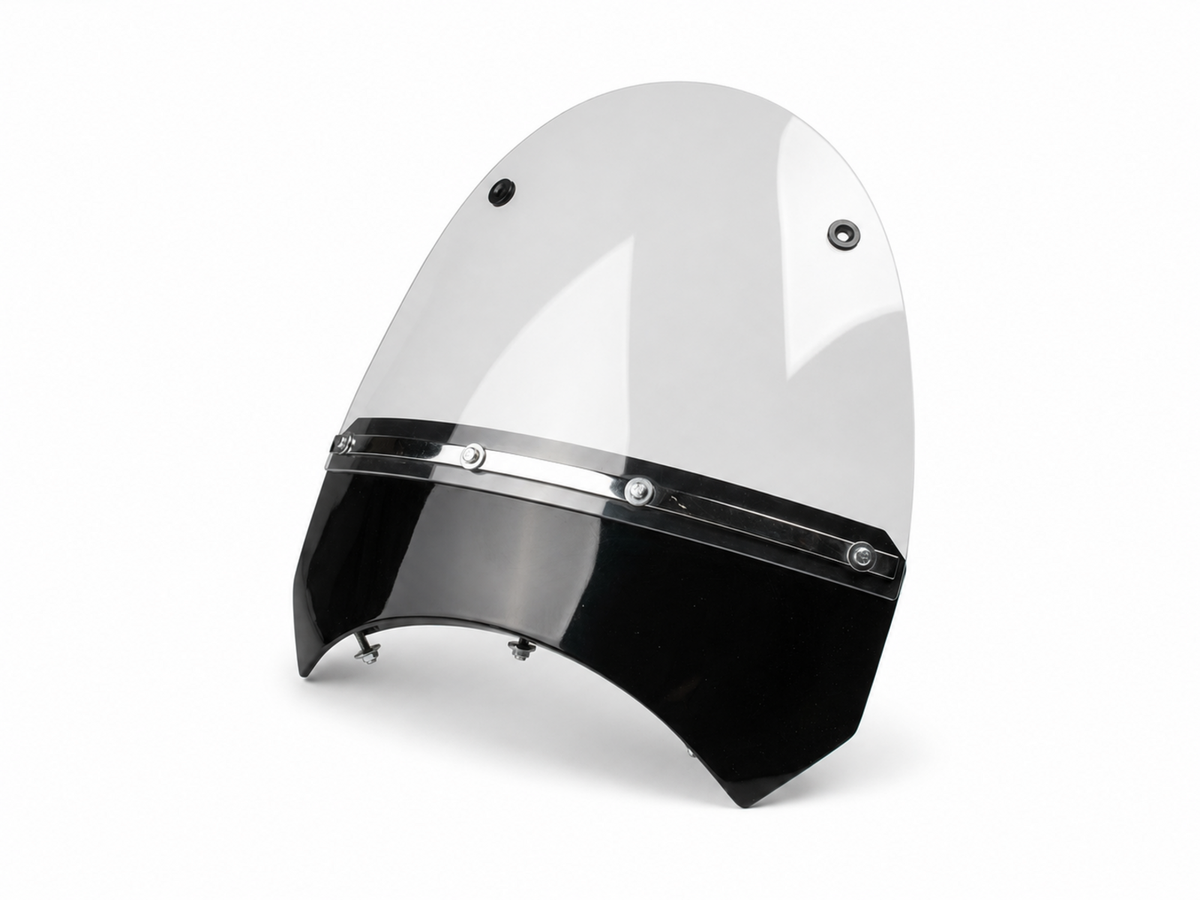 Angled top view of an RCT motorcycle sidecar windshield with a clear screen, black lower fairing, and mounting hardware.