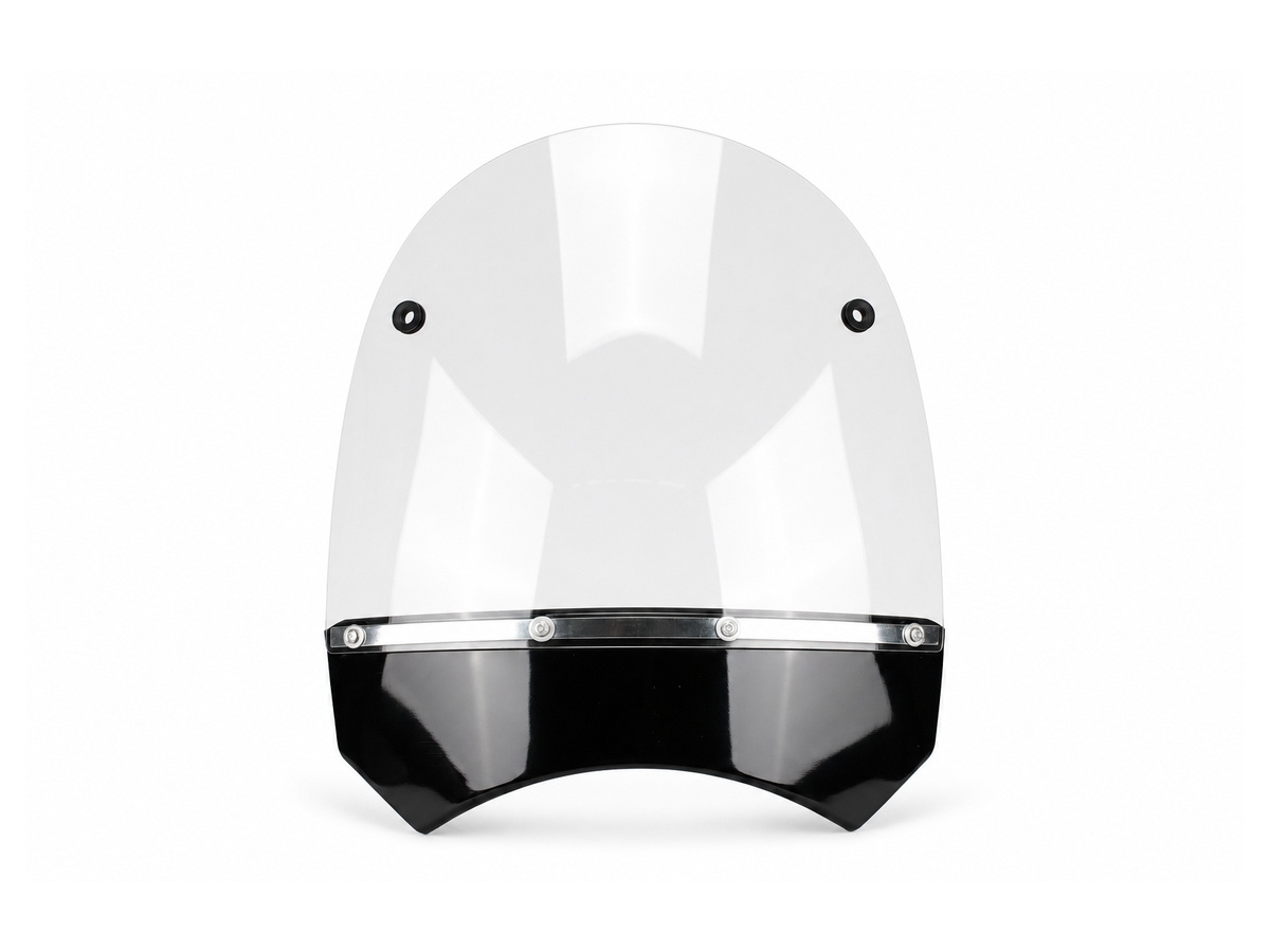 Front view of a clear RCT motorcycle sidecar windshield with black lower fairing and mounting hardware.