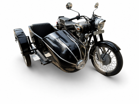 Front view of a black Royal Enfield motorcycle with Razok passenger sidecar on a white background