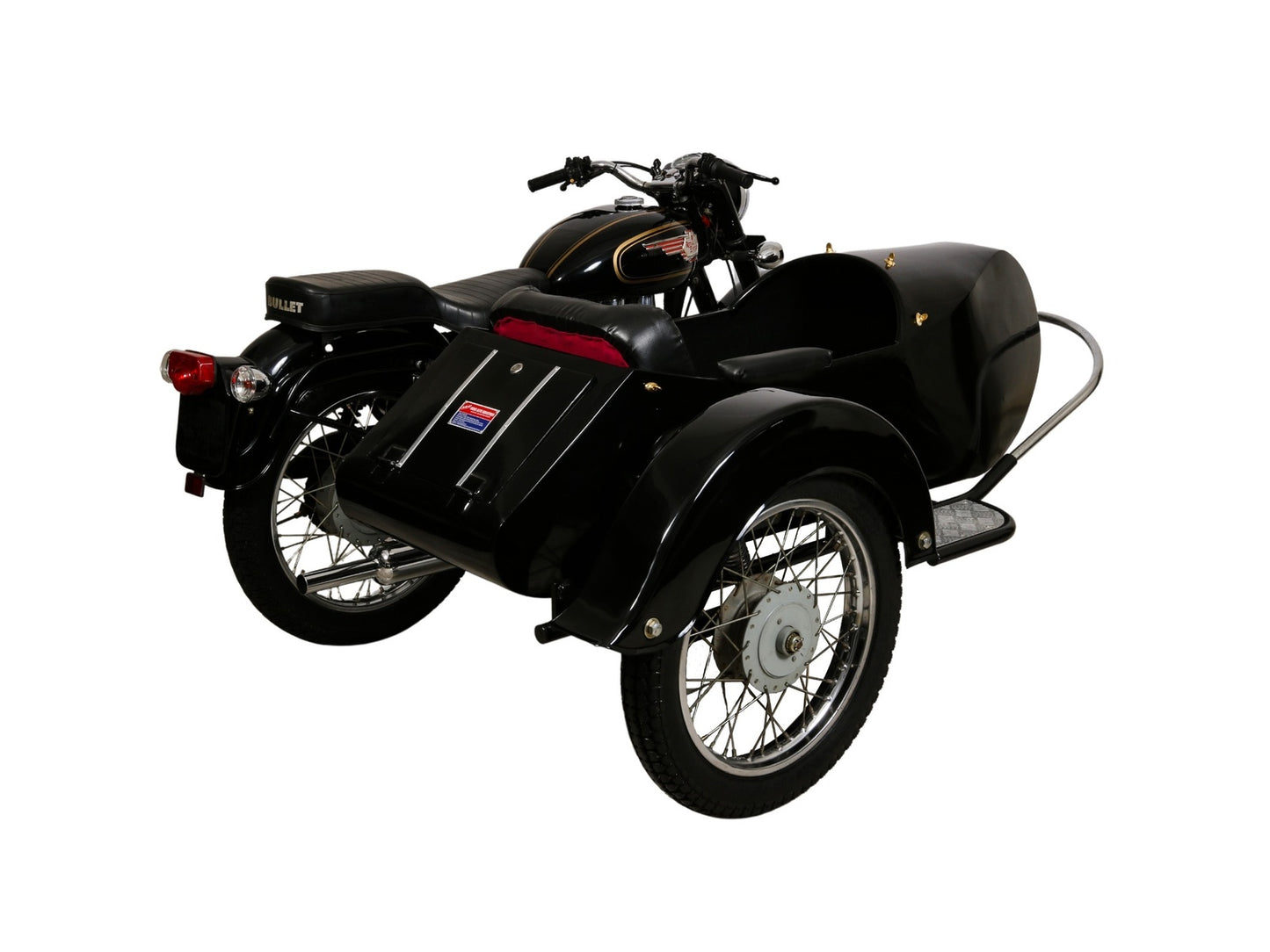 Rear three-quarter view of a black Retro passenger sidecar attached to a Royal Enfield Bullet motorcycle on a white background.