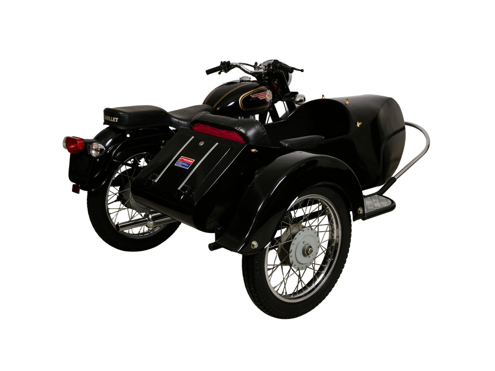 Rear three-quarter view of a black Retro passenger sidecar attached to a Royal Enfield Bullet motorcycle on a white background.