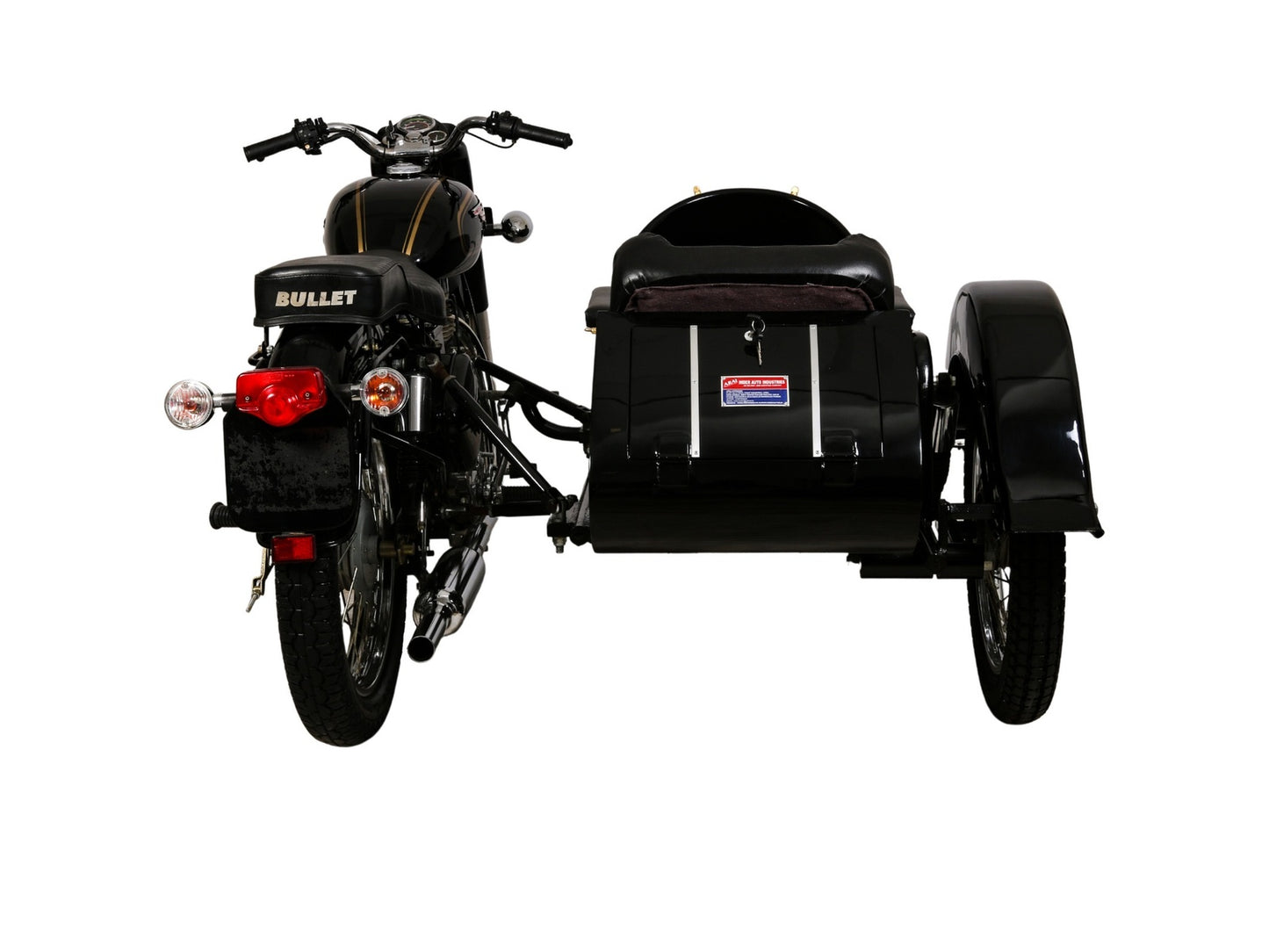 Rear view of a black Retro passenger sidecar attached to a Royal Enfield Bullet motorcycle on a white background.