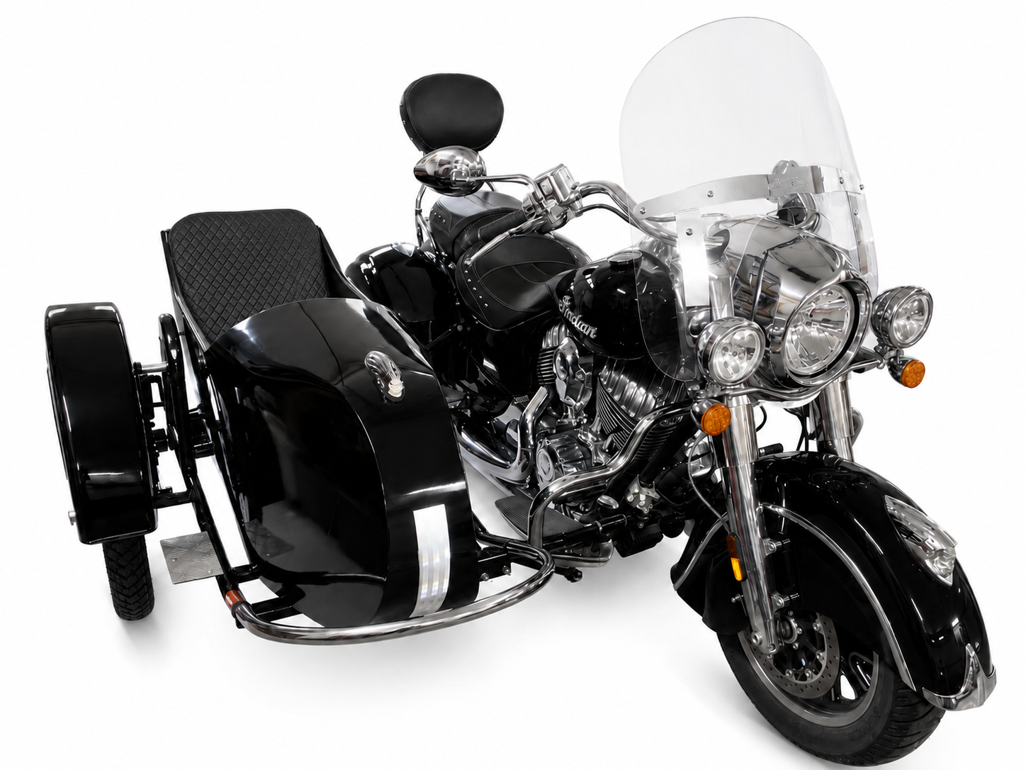Front three-quarter view of a black Retro passenger sidecar with black diamond-quilted seat attached to a black Indian motorcycle on a white background.