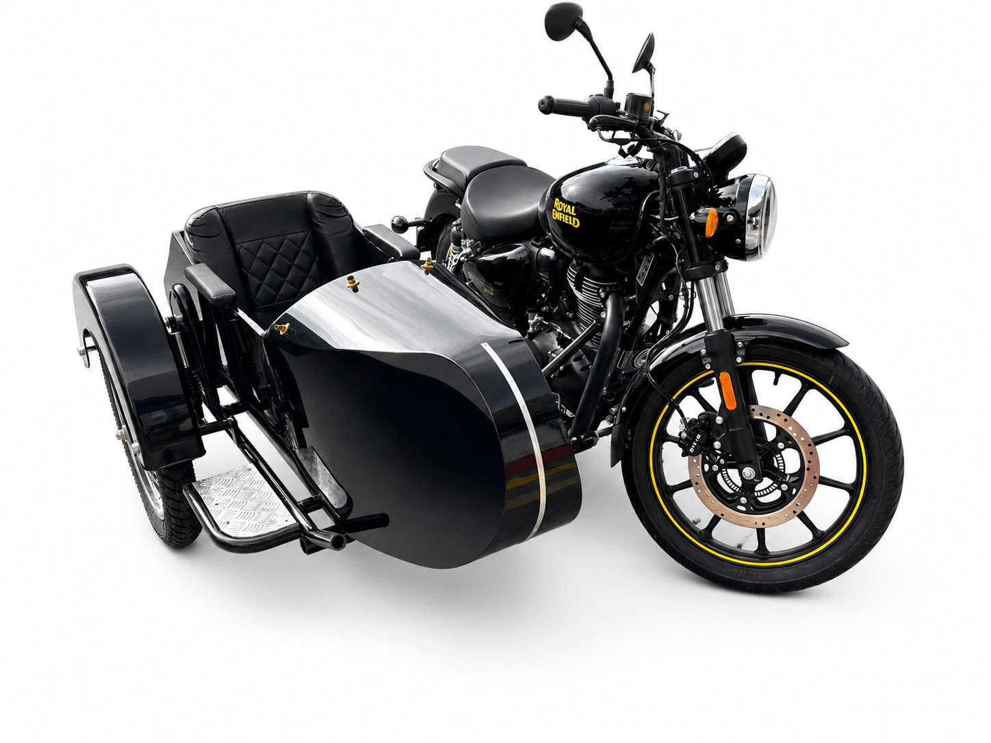 Front three-quarter view of a black Retro passenger sidecar with black upholstery attached to a black Royal Enfield motorcycle on a white background